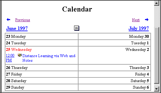 A calendar view displayed in a Web browser